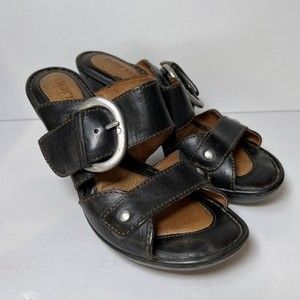 Born Black Leather Platform Heel Sandals Sz 7 /38 Cross Buckle Slip-on 3.7” Heel